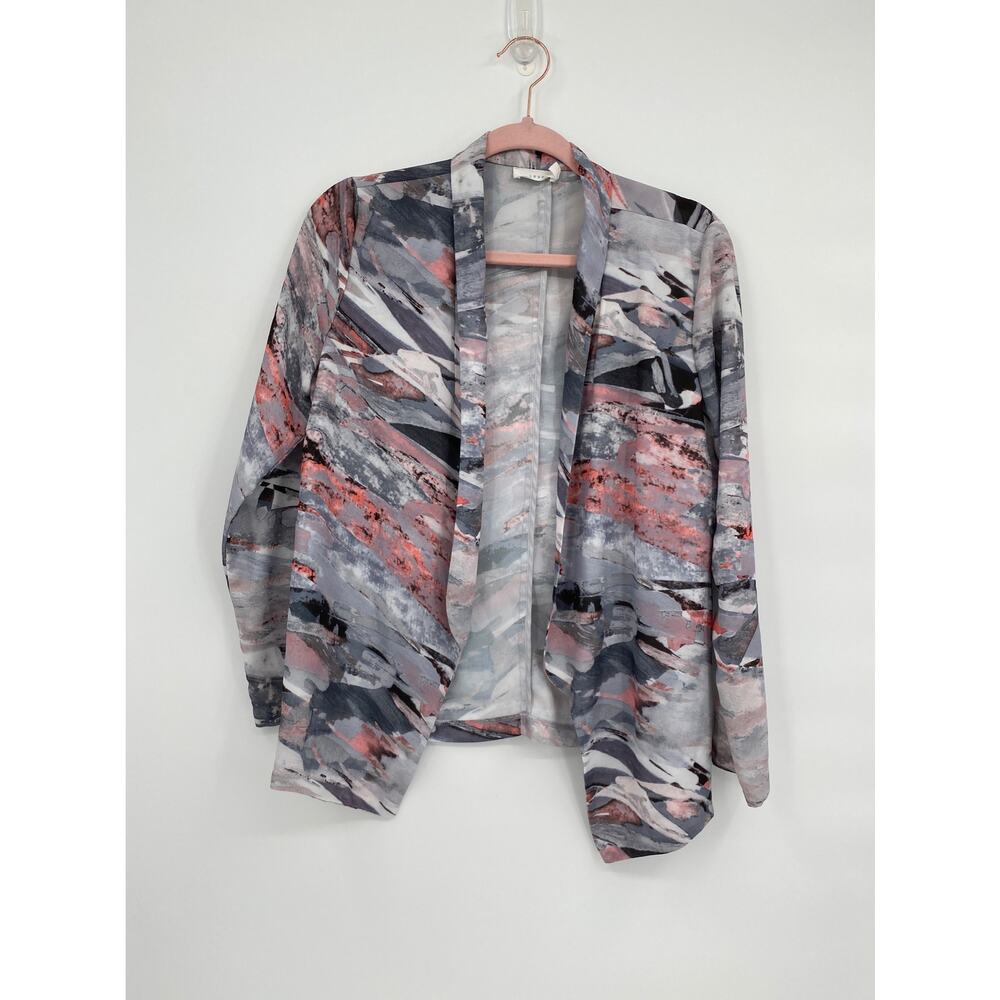 Lush Open Front Printed Long Sleeve Cardigan Small Gray Pink